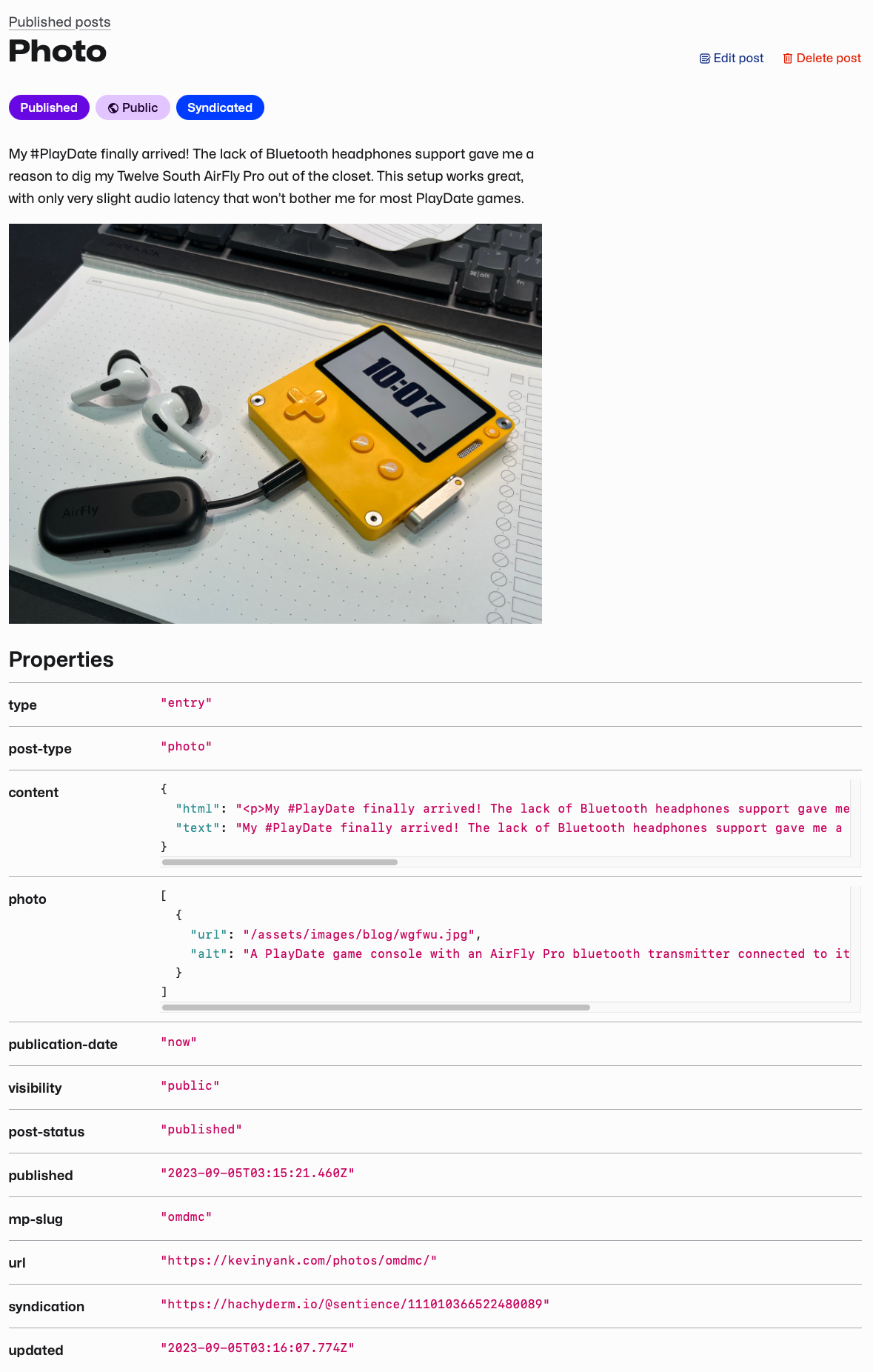 Screenshot of the Indiekit admin interface, with the details of a photo post displayed