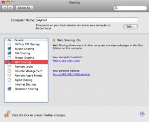 Screenshot showing Web Sharing switched on
